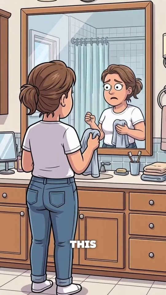 2D animated woman looking at herself in a bathroom mirror