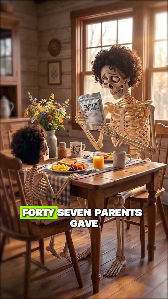 3D skeleton figure at a breakfast table holding a supplement pouch