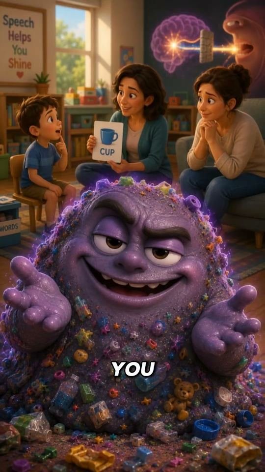 Purple cartoon monster covered in toys and candy wrappers