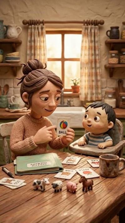 Clay-style mother and toddler at a kitchen table with learning cards