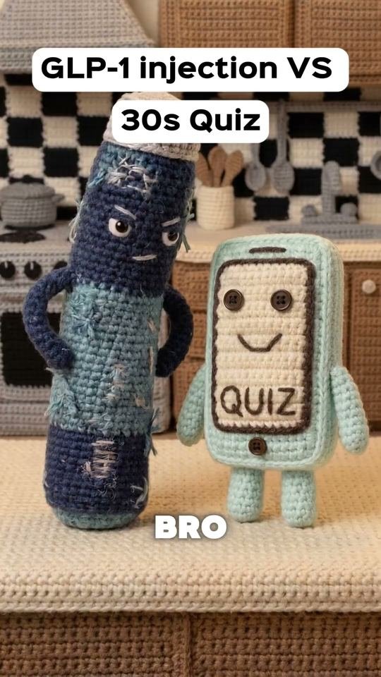 Two crochet characters, a syringe and a phone, with the words GLP-1 injection vs 30s quiz