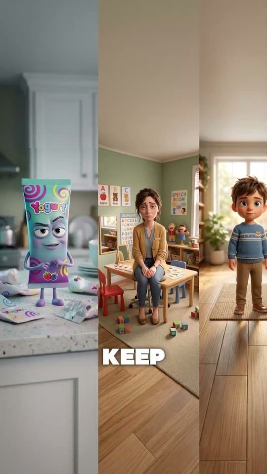 Split frame of a cartoon product mascot and a mother with her son