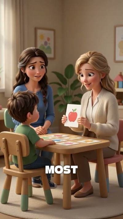 Pixar-style 3D scene of a mother, a child and a teacher at a table with flashcards
