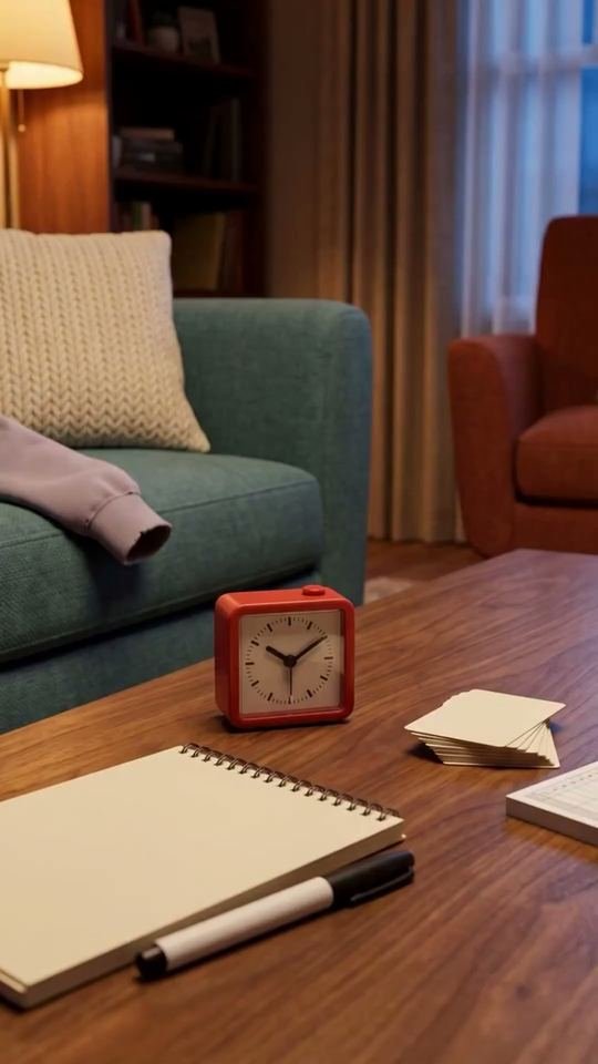 Stylized 3D living room with a sofa, a desk and an alarm clock